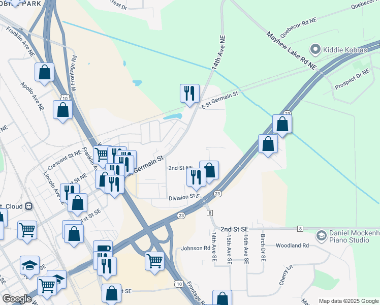 map of restaurants, bars, coffee shops, grocery stores, and more near 1252 East Saint Germain Street in St. Cloud