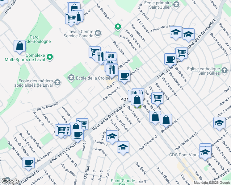map of restaurants, bars, coffee shops, grocery stores, and more near 536 Rue Saint-Luc in Laval