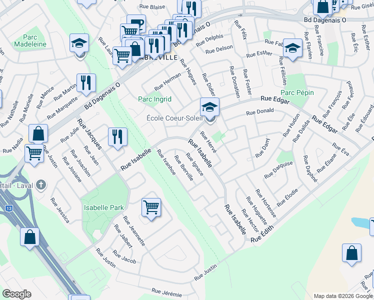 map of restaurants, bars, coffee shops, grocery stores, and more near 3548 Rue Ignace in Laval