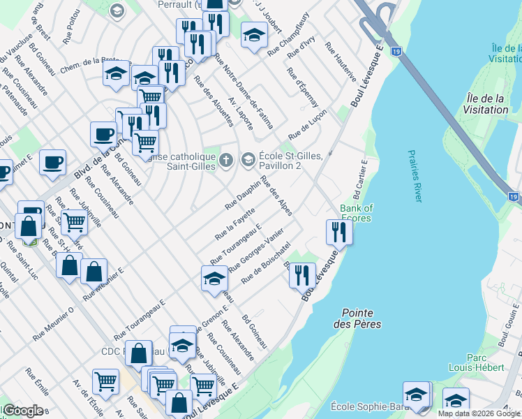 map of restaurants, bars, coffee shops, grocery stores, and more near 229 Rue la Fayette in Laval