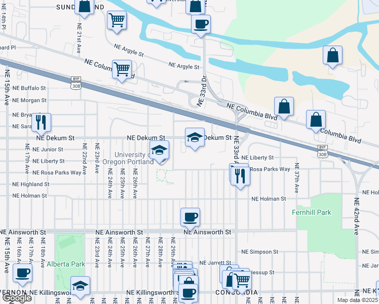 map of restaurants, bars, coffee shops, grocery stores, and more near 2930 Northeast Dekum Street in Portland