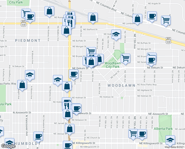 map of restaurants, bars, coffee shops, grocery stores, and more near Northeast 8th Avenue & Northeast Liberty Street in Portland