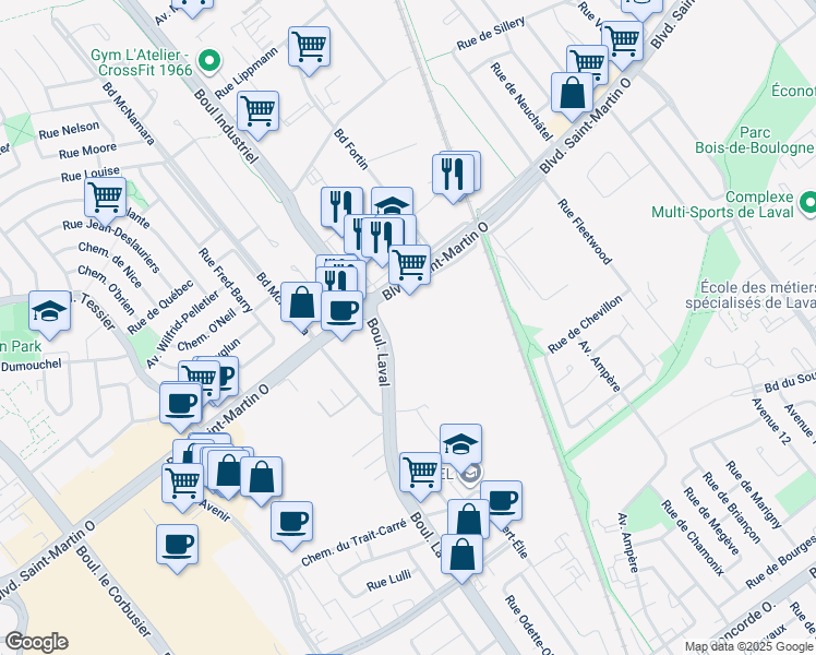 map of restaurants, bars, coffee shops, grocery stores, and more near 1000 Boulevard Saint-Martin Ouest in Laval