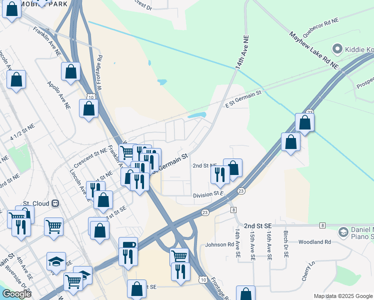 map of restaurants, bars, coffee shops, grocery stores, and more near 1129 East Saint Germain Street in St. Cloud
