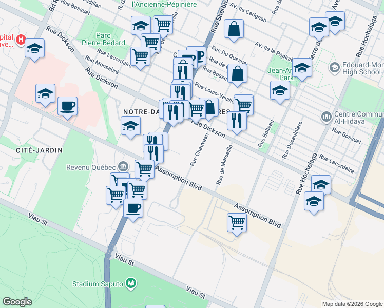 map of restaurants, bars, coffee shops, grocery stores, and more near 5521 Rue Chauveau in Montréal