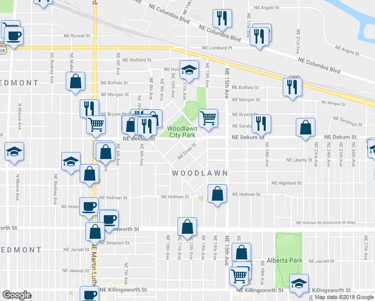 map of restaurants, bars, coffee shops, grocery stores, and more near Northeast Bellevue Avenue & Northeast Dean Street in Portland