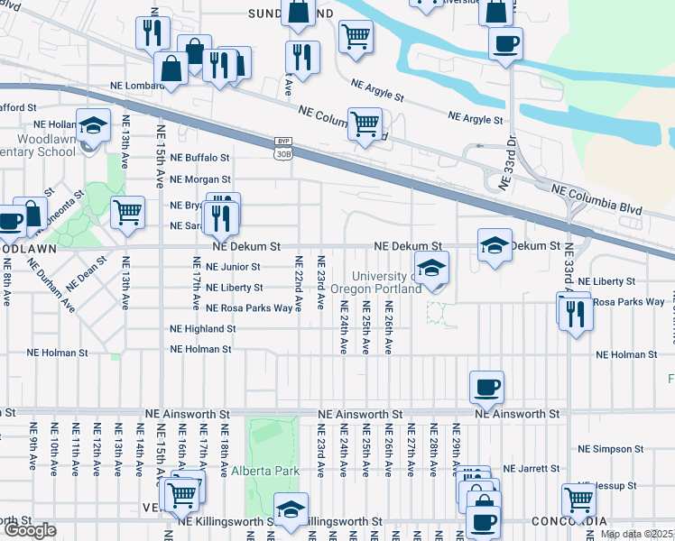 map of restaurants, bars, coffee shops, grocery stores, and more near 6635 Northeast 24th Avenue in Portland