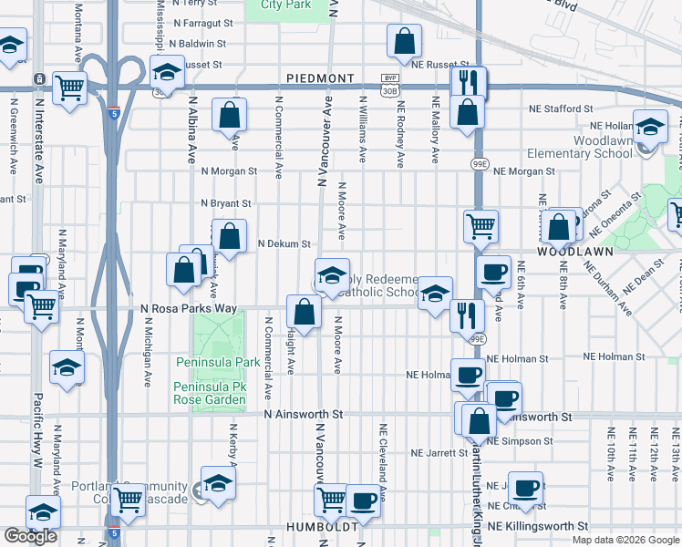 map of restaurants, bars, coffee shops, grocery stores, and more near 127 North Rosa parks Way in Portland