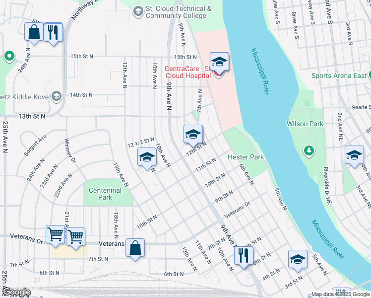 map of restaurants, bars, coffee shops, grocery stores, and more near 809 12th Street North in Saint Cloud