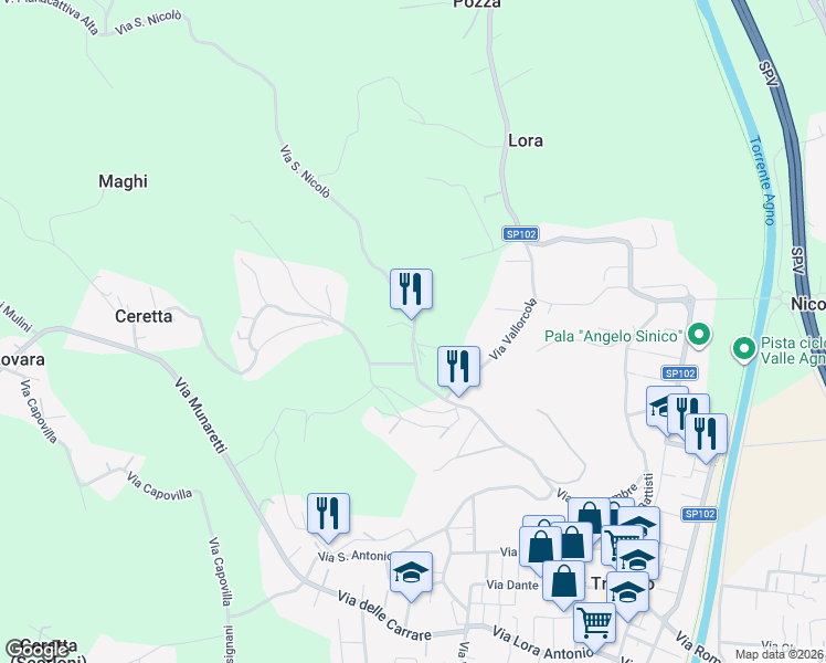 map of restaurants, bars, coffee shops, grocery stores, and more near 45 Via San Nicolò in Trissino