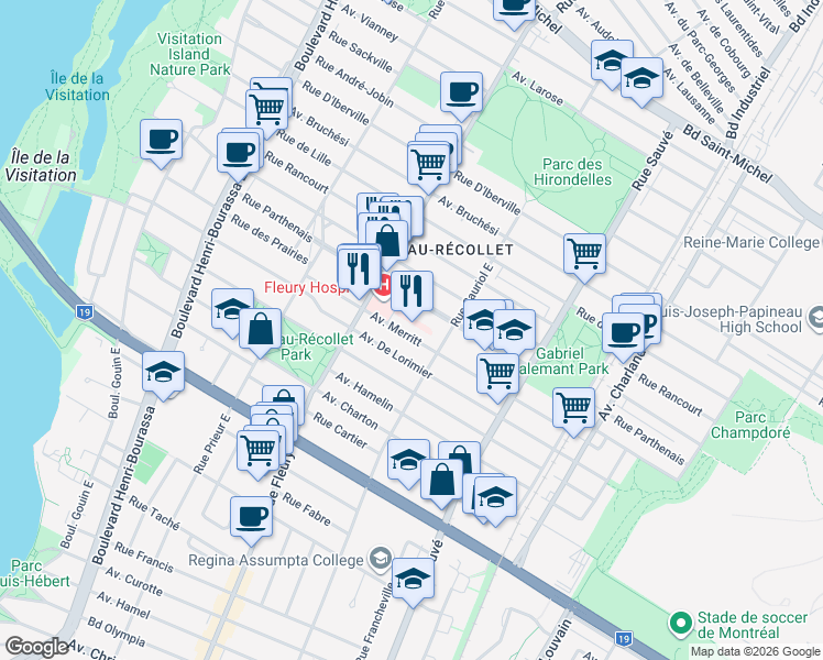 map of restaurants, bars, coffee shops, grocery stores, and more near 10177 Avenue Merritt in Montréal