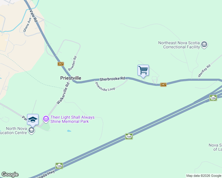map of restaurants, bars, coffee shops, grocery stores, and more near Priestville Loop in New Glasgow