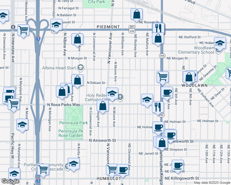 map of restaurants, bars, coffee shops, grocery stores, and more near 6721 North Vancouver Avenue in Portland