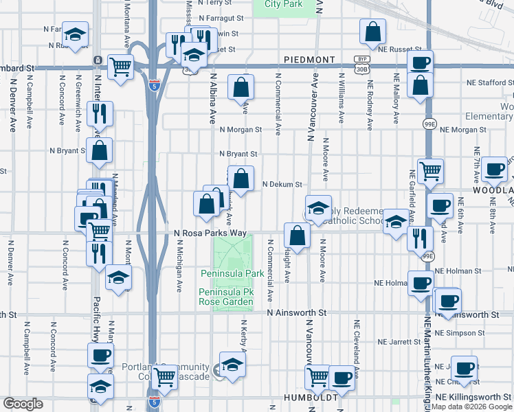 map of restaurants, bars, coffee shops, grocery stores, and more near 6716 North Congress Avenue in Portland