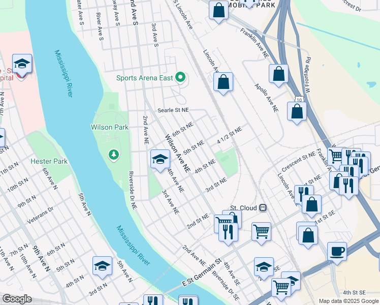 map of restaurants, bars, coffee shops, grocery stores, and more near 502 5th Avenue Northeast in St. Cloud