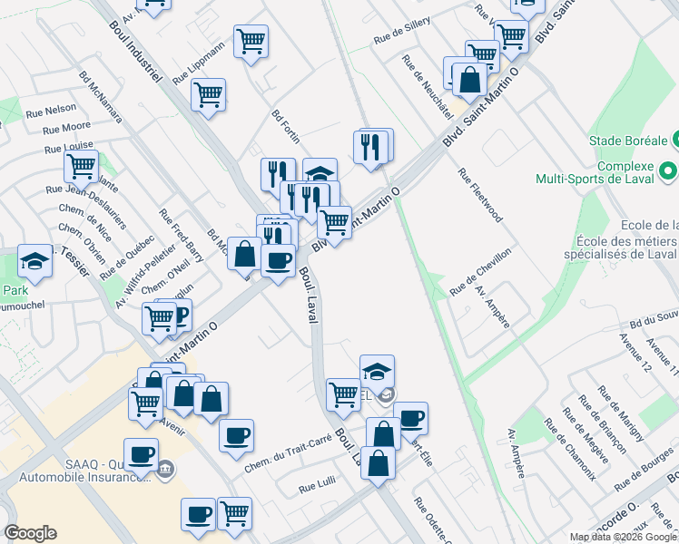 map of restaurants, bars, coffee shops, grocery stores, and more near 1000 Boulevard Saint-Martin Ouest in Laval