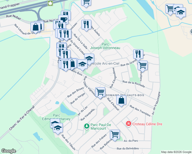 map of restaurants, bars, coffee shops, grocery stores, and more near 72 Boulevard des Hauts-Bois in Sainte-Julie