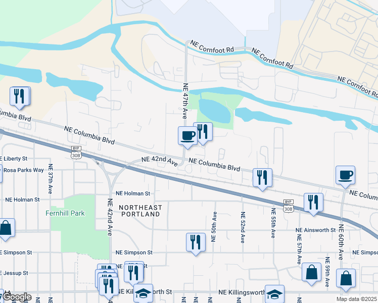 map of restaurants, bars, coffee shops, grocery stores, and more near 6647 Northeast 47th Avenue in Portland