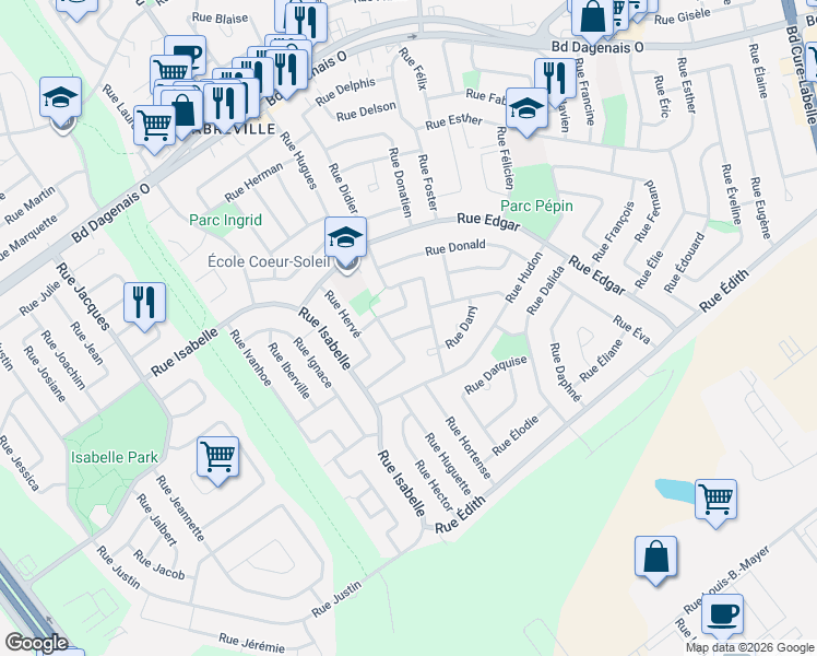 map of restaurants, bars, coffee shops, grocery stores, and more near 3501 Rue Hilaire in Laval