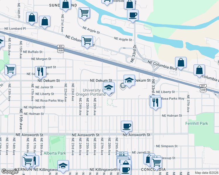 map of restaurants, bars, coffee shops, grocery stores, and more near 2814 Northeast Dekum Street in Portland