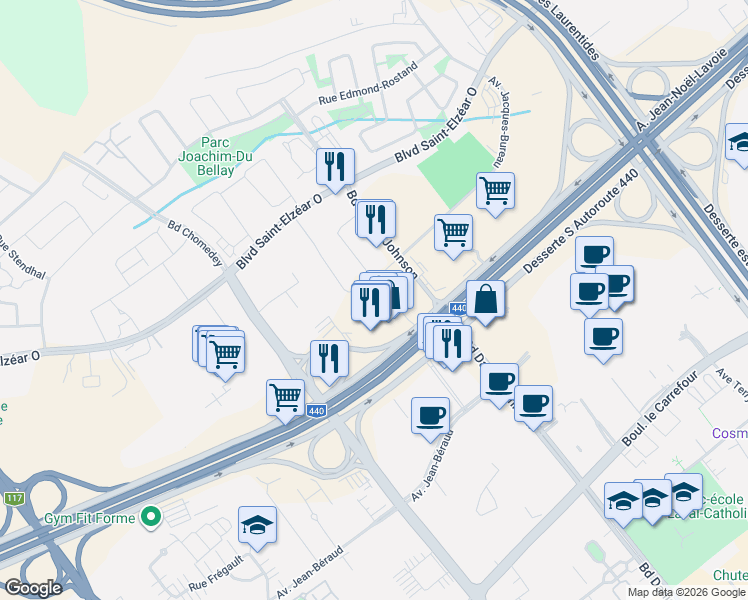 map of restaurants, bars, coffee shops, grocery stores, and more near 3210 Avenue Jacques-Bureau in Laval