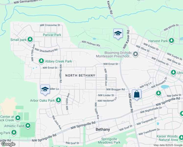 map of restaurants, bars, coffee shops, grocery stores, and more near 16106 Northwest Reliance Lane in Portland
