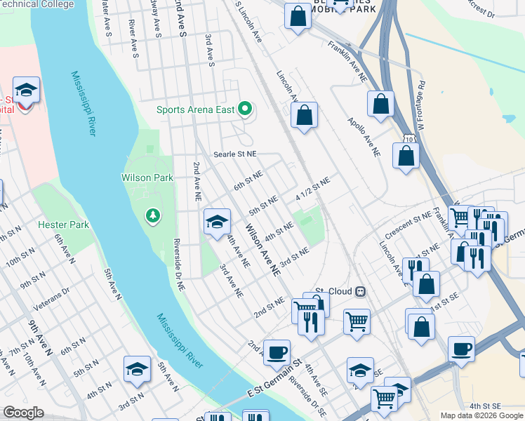 map of restaurants, bars, coffee shops, grocery stores, and more near 502 5th Avenue Northeast in St. Cloud