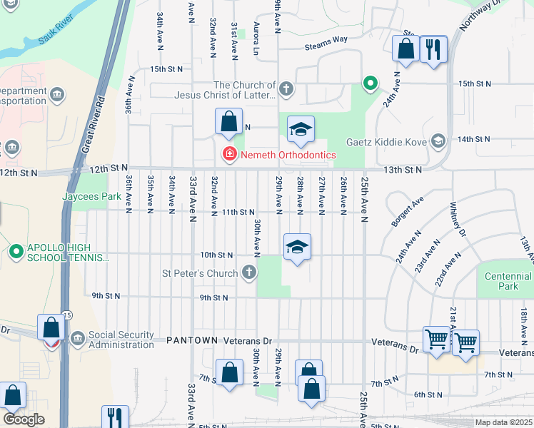 map of restaurants, bars, coffee shops, grocery stores, and more near in St. Cloud