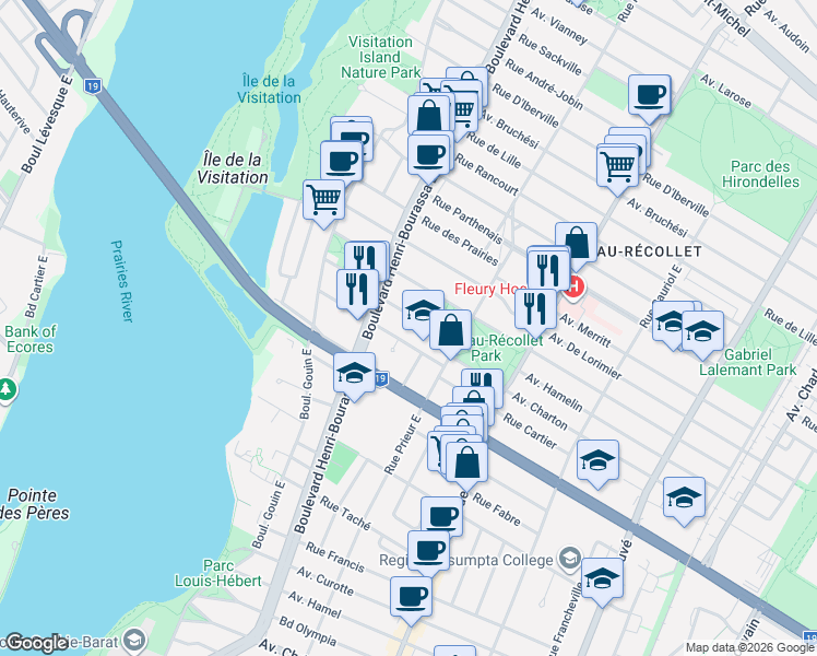 map of restaurants, bars, coffee shops, grocery stores, and more near 10628 Avenue Hamelin in Montréal