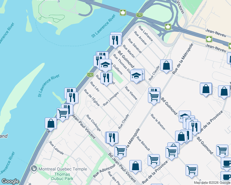 map of restaurants, bars, coffee shops, grocery stores, and more near 137 Rue Guy in Longueuil