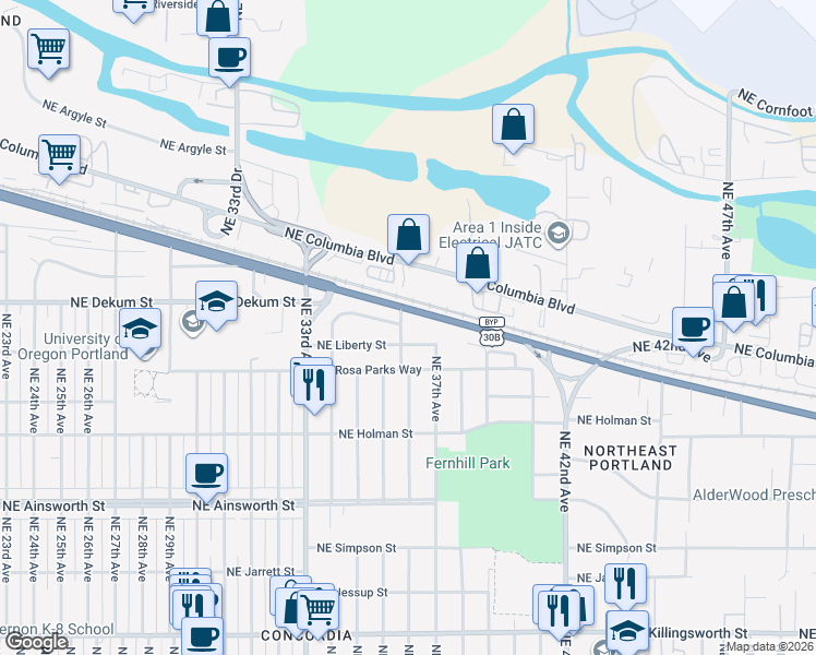 map of restaurants, bars, coffee shops, grocery stores, and more near 6626 Northeast 36th Avenue in Portland