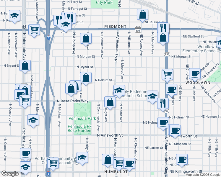 map of restaurants, bars, coffee shops, grocery stores, and more near 6717 North Haight Avenue in Portland