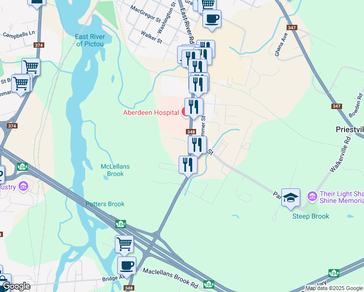 map of restaurants, bars, coffee shops, grocery stores, and more near 915 East River Road in New Glasgow