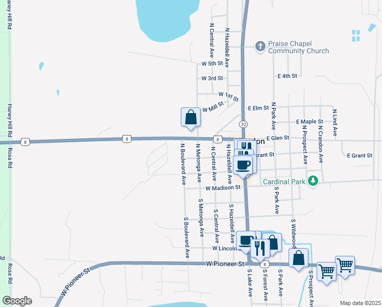 map of restaurants, bars, coffee shops, grocery stores, and more near 400 West Grant Street in Crandon