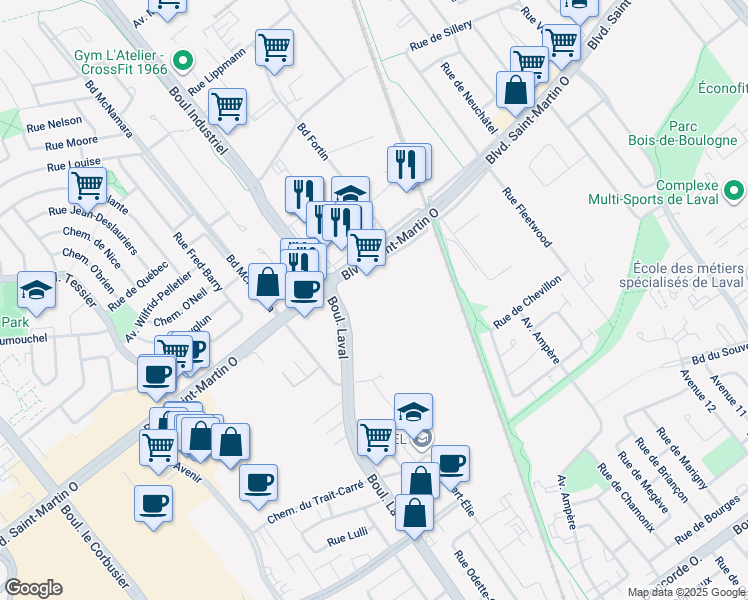 map of restaurants, bars, coffee shops, grocery stores, and more near 1000 Boulevard Saint-Martin Ouest in Laval