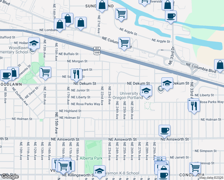 map of restaurants, bars, coffee shops, grocery stores, and more near 6715 Northeast 24th Avenue in Portland