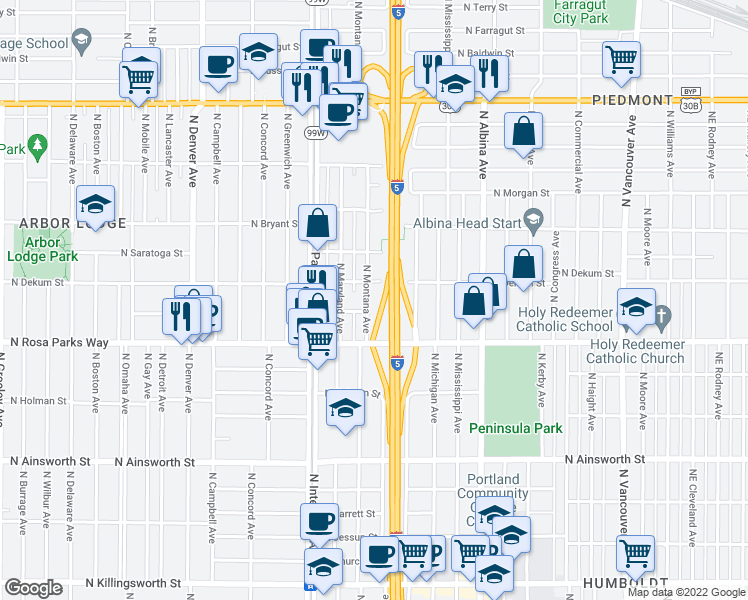 map of restaurants, bars, coffee shops, grocery stores, and more near 6710 North Montana Avenue in Portland