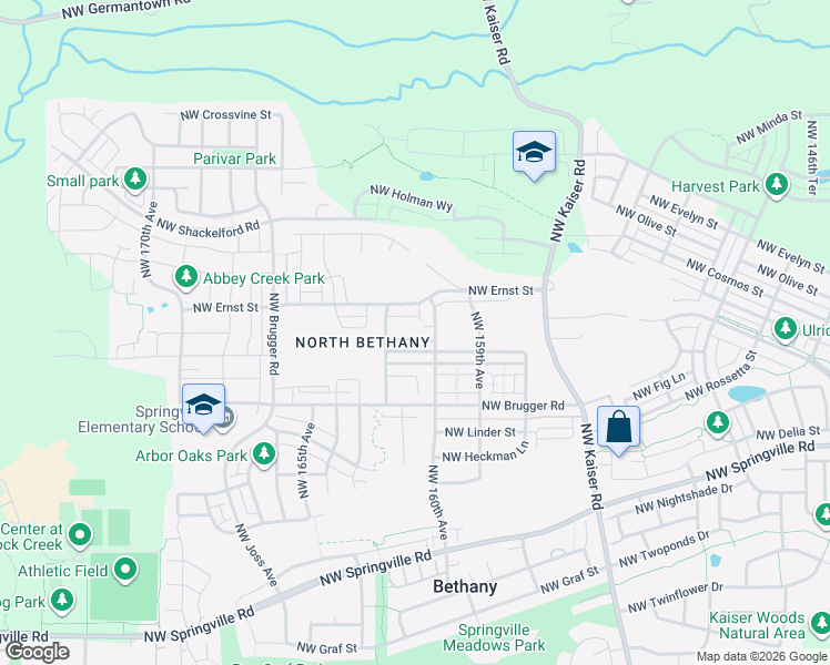 map of restaurants, bars, coffee shops, grocery stores, and more near 16106 Northwest Reliance Lane in Portland