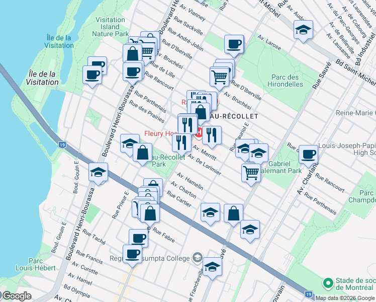 map of restaurants, bars, coffee shops, grocery stores, and more near 2106 Rue Fleury Est in Montréal