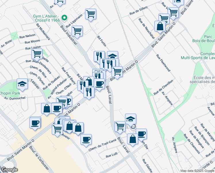 map of restaurants, bars, coffee shops, grocery stores, and more near 1555 Boulevard Laval in Laval