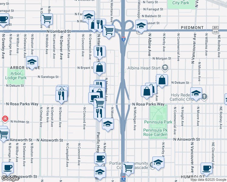 map of restaurants, bars, coffee shops, grocery stores, and more near 6627 North Montana Avenue in Portland