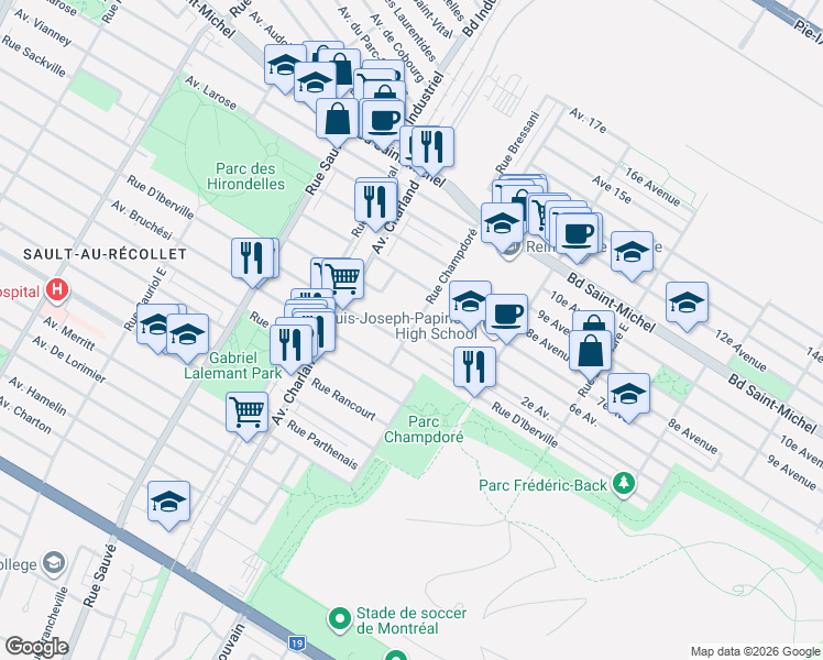 map of restaurants, bars, coffee shops, grocery stores, and more near 2503 Rue Champdoré in Montrã©Al