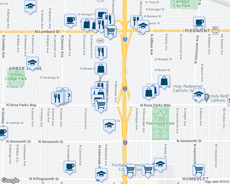 map of restaurants, bars, coffee shops, grocery stores, and more near 6627 North Montana Avenue in Portland