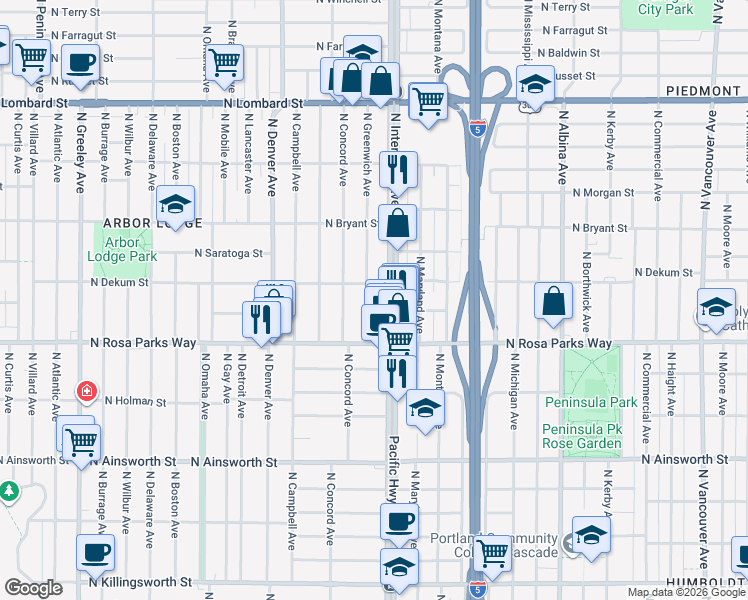 map of restaurants, bars, coffee shops, grocery stores, and more near 6626 North Greenwich Avenue in Portland