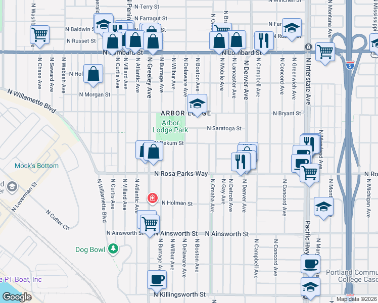 map of restaurants, bars, coffee shops, grocery stores, and more near 6642 North Delaware Avenue in Portland