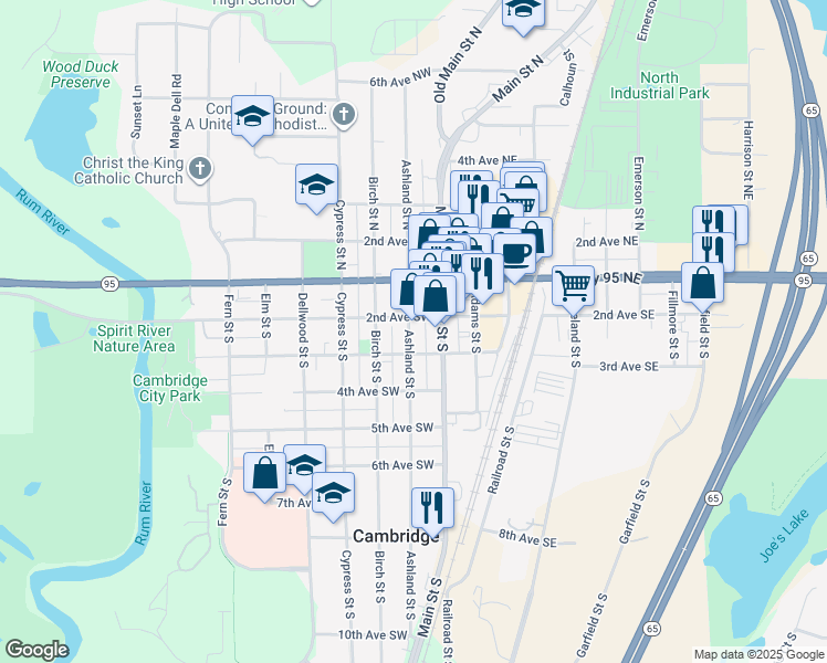map of restaurants, bars, coffee shops, grocery stores, and more near 133 2nd Avenue Southwest in Cambridge
