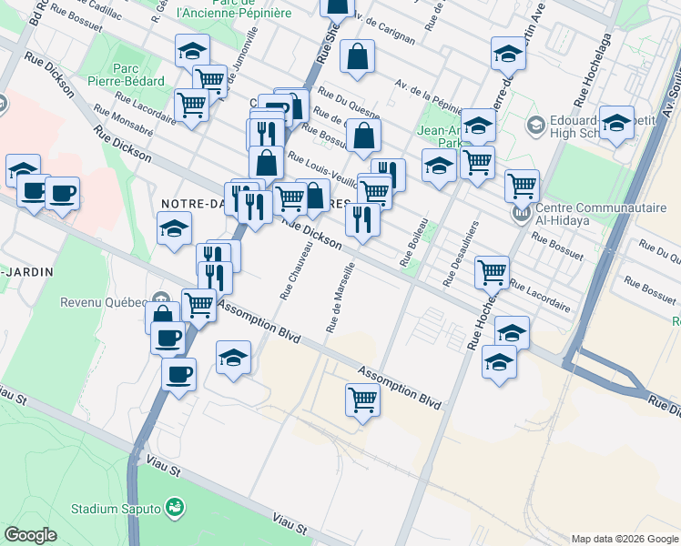 map of restaurants, bars, coffee shops, grocery stores, and more near 5655 Rue de Marseille in Montréal