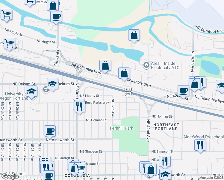 map of restaurants, bars, coffee shops, grocery stores, and more near 3660 Northeast Lombard Street in Portland