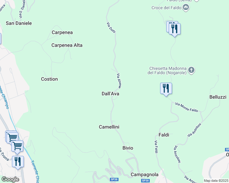 map of restaurants, bars, coffee shops, grocery stores, and more near 24 Via Genero Alvese in Provincia di Vicenza