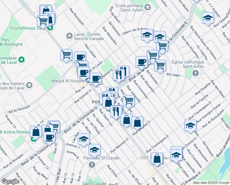 map of restaurants, bars, coffee shops, grocery stores, and more near 51 Boulevard de la Concorde Est in Laval